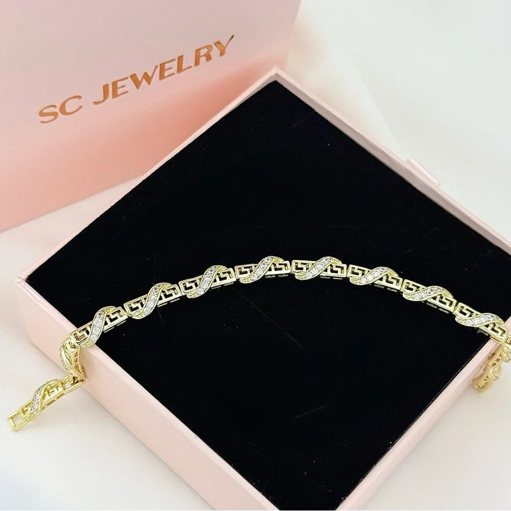 14K Gold Plated Greek Key Bracelet w/ Pavé Zirconia Wrap Detail | Luxury Jewelry